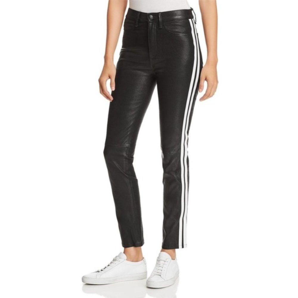 Rag & Bone Ankle Leather Black Cigarette Pants With Stripes 25